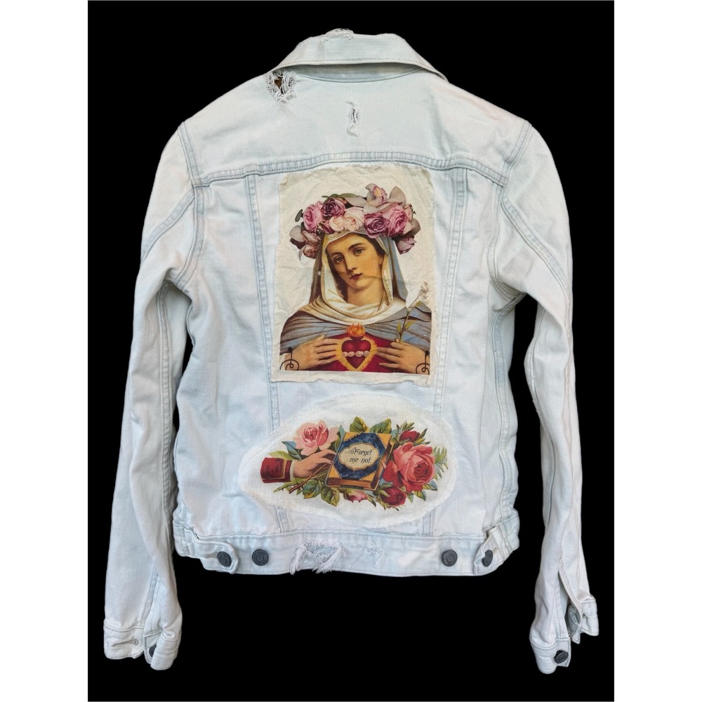 Upcycled Light Blue Denim Jacket Sacred Heart Madonna Folk Art Boho Small